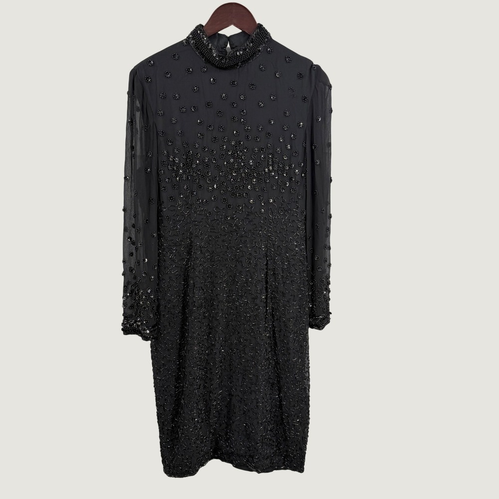 Kathryn Conover by Night Black Beaded Silk Dress Size 10 Sheer Sleeve Vintage